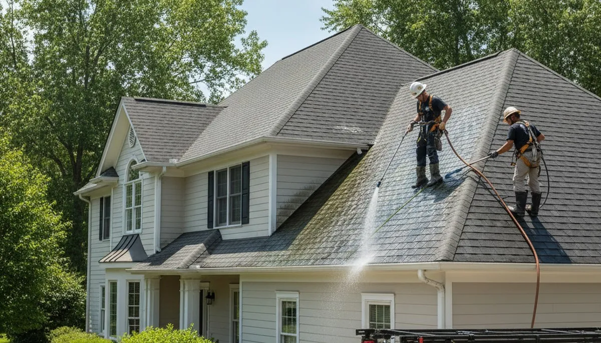 Professional roof cleaning service in Greenville, NC removing algae and moss on a residential roof