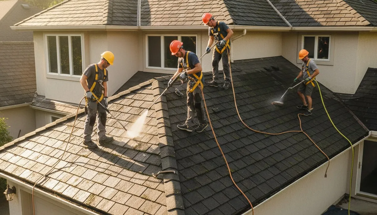 Roof cleaning service in Greenville, NC for algae, moss, and stain removal on a residential roof
