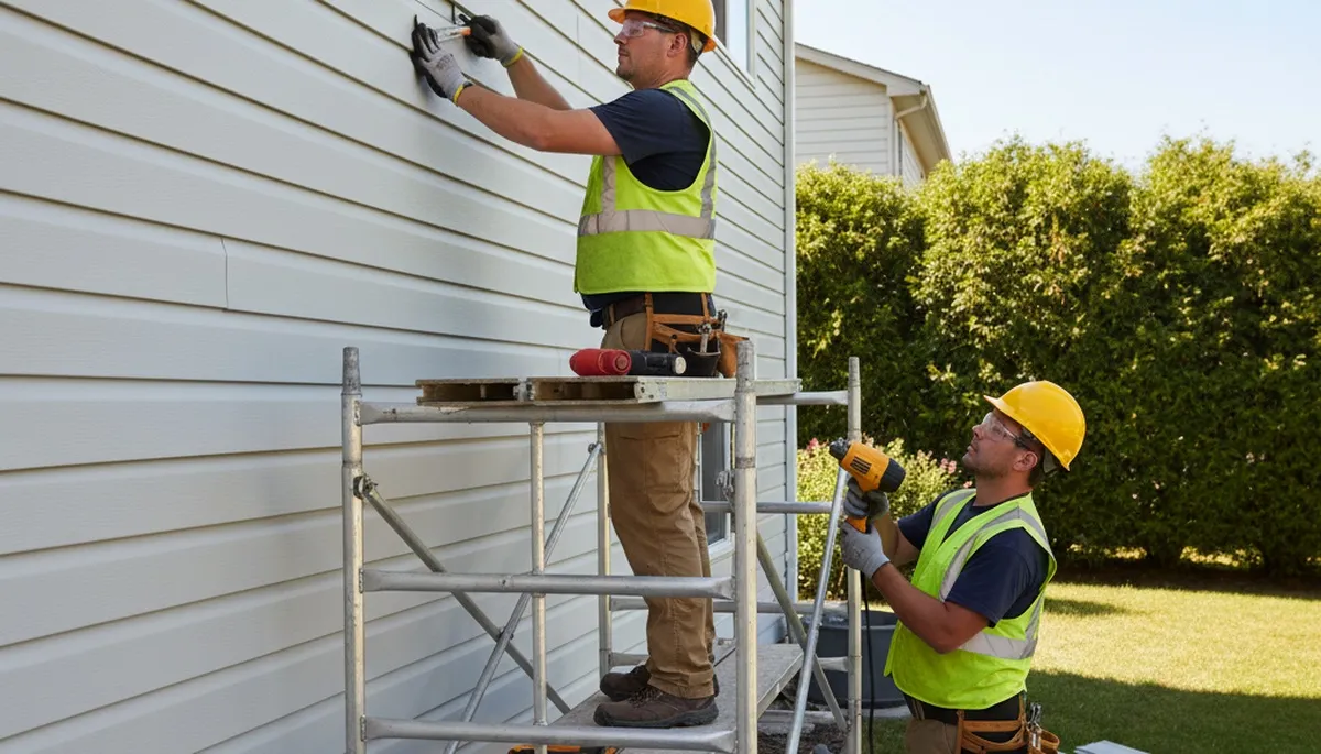 Vinyl siding repair crew in Greenville, NC fixing damaged siding on a home